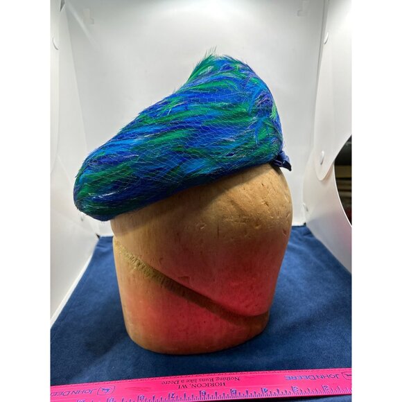 Vintage Blue & Green Feather bubble Hat Amy NY - Picture 5 of 12